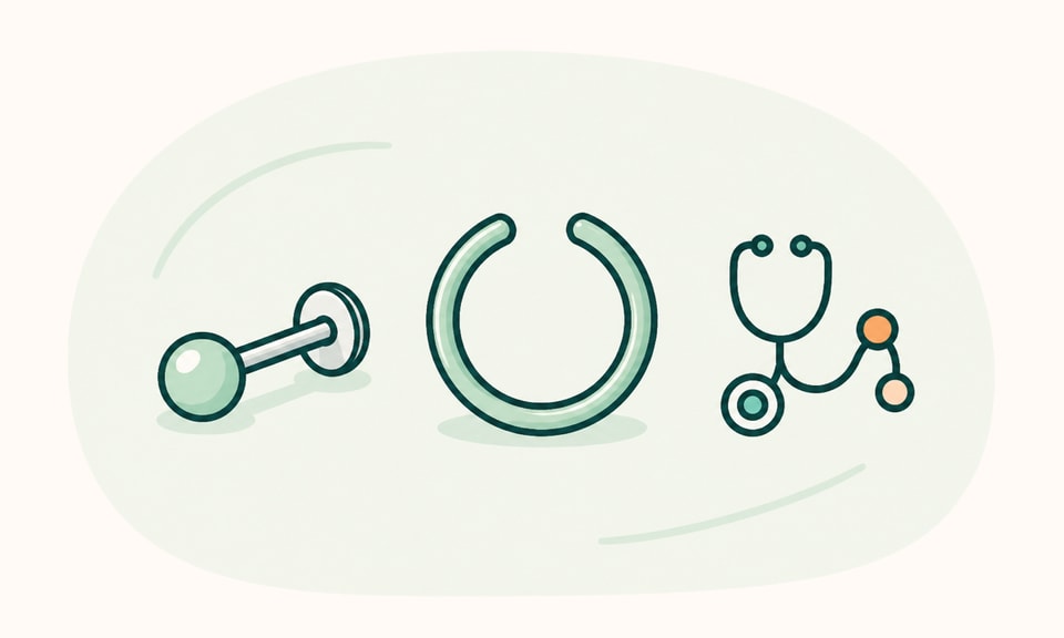 A compact sterile piercing-stud and open circular ring beside a small clinician coordination symbol on a warm cream canvas.