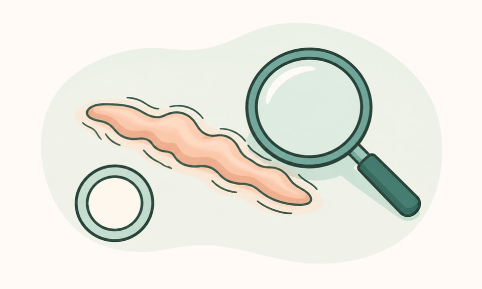 A compact abstract raised-scar contour beside a magnifying lens and a clinician review marker on a warm cream canvas.