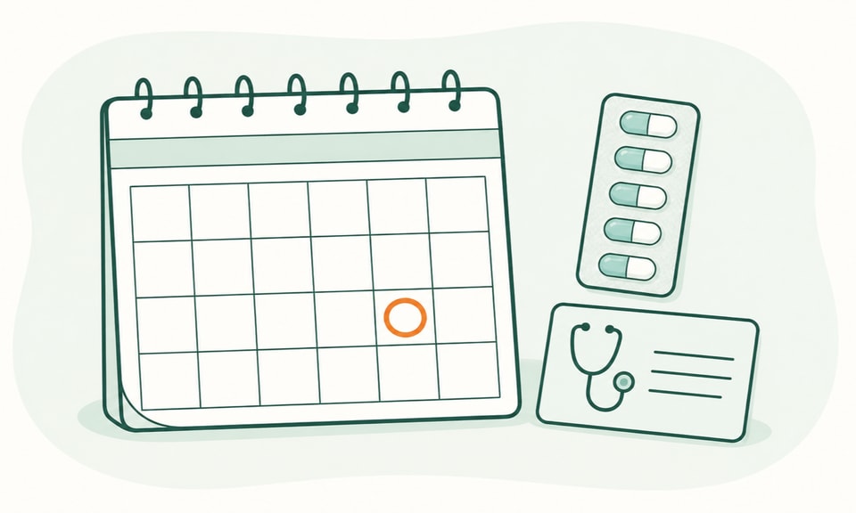 A calendar page with one neutral completed-month marker sits beside a final plain capsule blister and a clinician confirmation card.