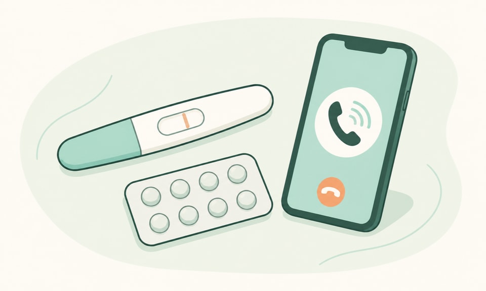 A pregnancy test, set-aside medication blister, and active phone call arranged as an urgent contact scene.