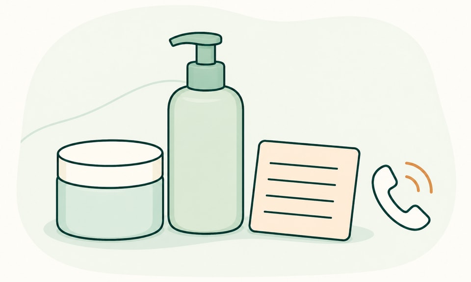 A plain moisturizer jar and gentle cleanser sit beside a neutral symptom-note card and a phone call symbol.