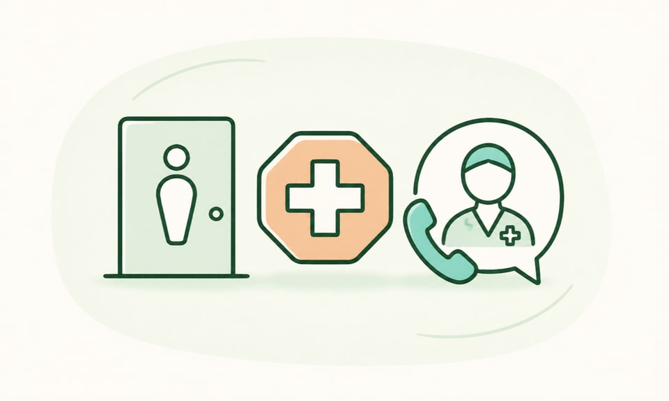 A neutral restroom symbol beside a medical stop marker and a clinician-call symbol on a warm cream canvas.