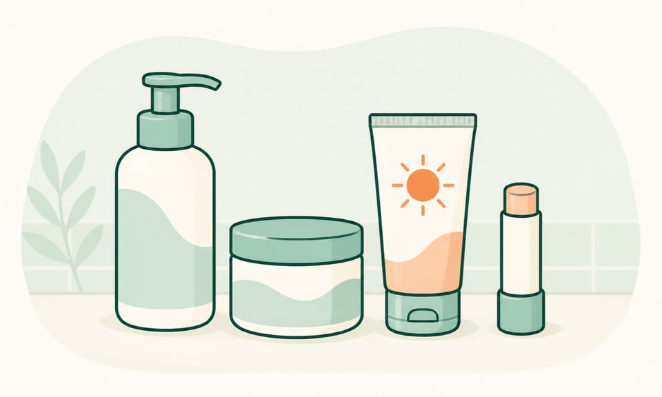 A bathroom counter holds four distinct gentle skincare product forms: cleanser, moisturizer, sunscreen, and lip balm.