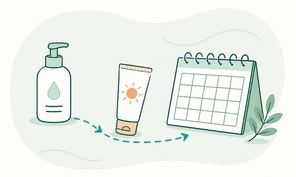 A moisturizer and sunscreen move along a calm follow-up calendar, showing continued gentle care after treatment without an outcome claim.