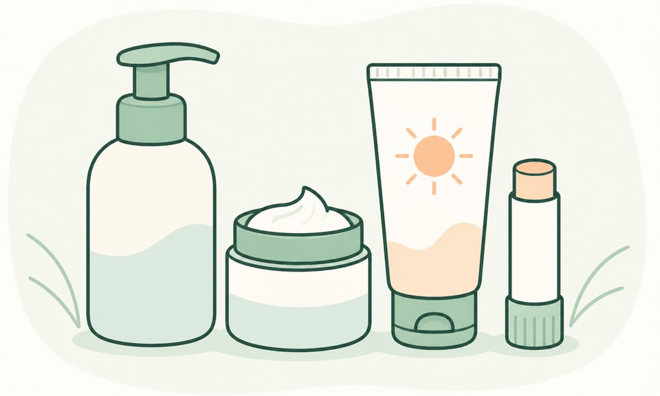 A gentle cleanser pump, plain moisturizer jar, sunscreen tube, and lip-balm tube form a simple daily skincare group.