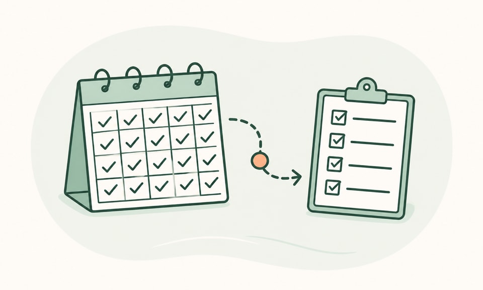 An unlabeled completed-course calendar connects by a gentle path to a follow-up checklist.