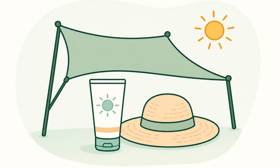 A sunscreen tube sits beneath a wide shade canopy beside a sun hat, showing layered sun protection.