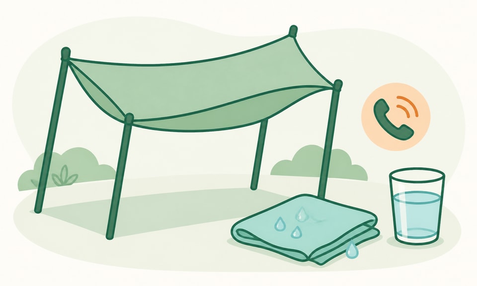 A wide shade canopy and cool damp cloth sit beside a water glass and a phone call symbol.
