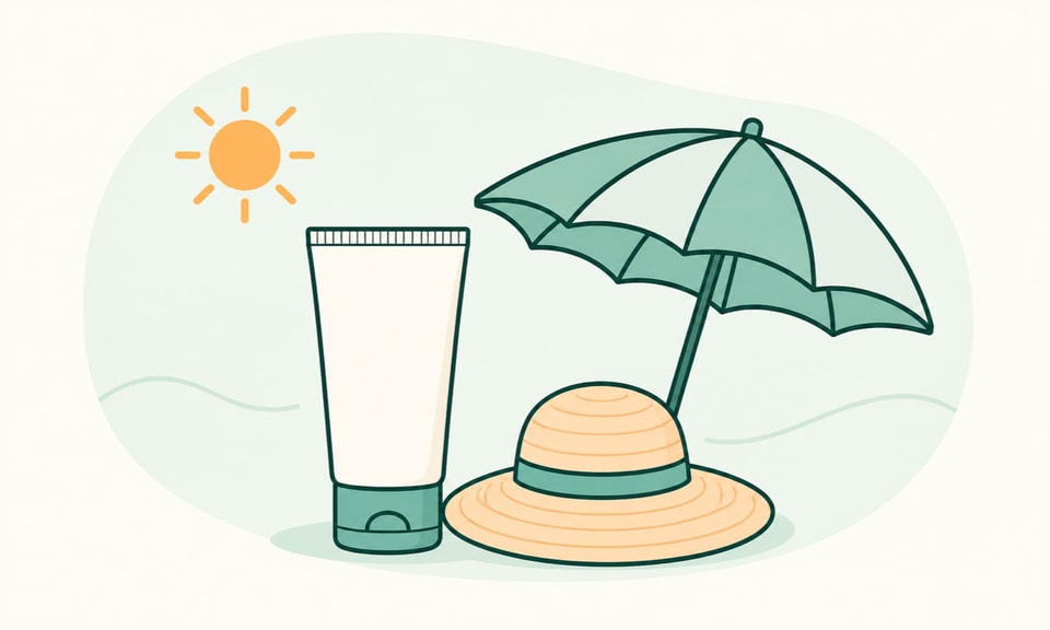 A plain sunscreen tube sits beside a sun hat and a broad shade umbrella in a simple protective group.