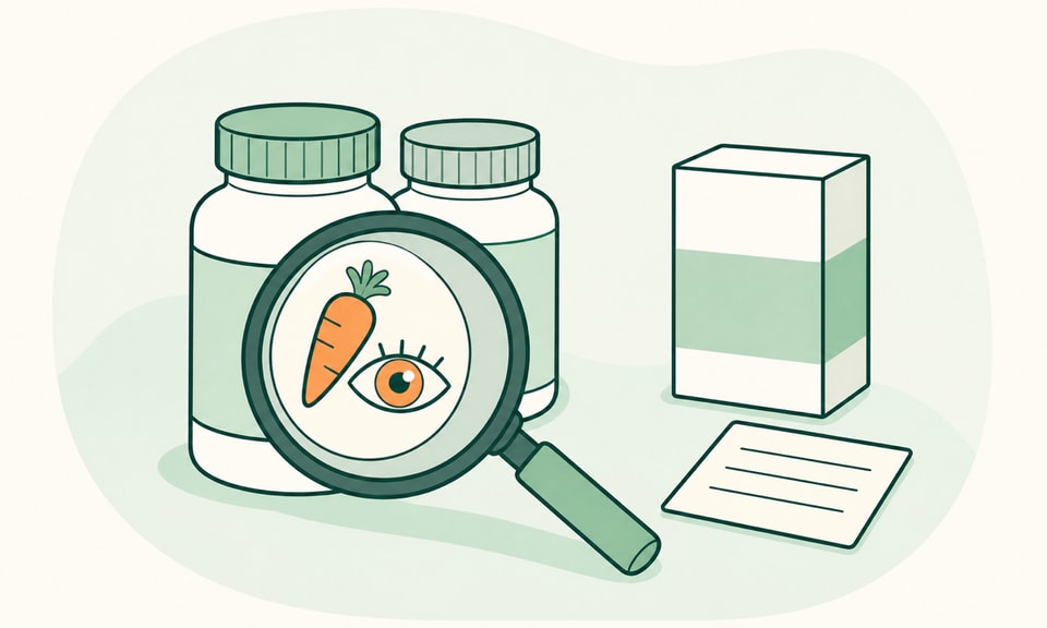 Two supplement bottles sit under a magnifying glass focused on a vitamin A symbol, beside a prescription carton and pharmacist review card.