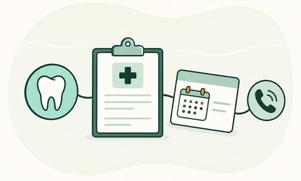 A neutral medical chart connects a simple tooth symbol and a surgical appointment card beside a phone call symbol.