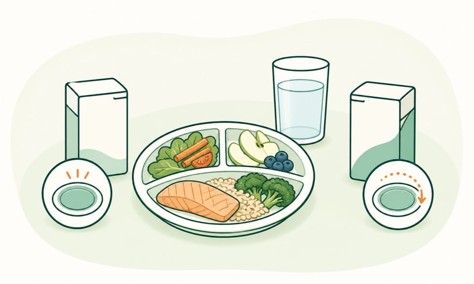 A divided meal plate and water glass sit between two visibly different prescription cartons, one paired with a meal symbol and one paired with a flexible meal symbol.
