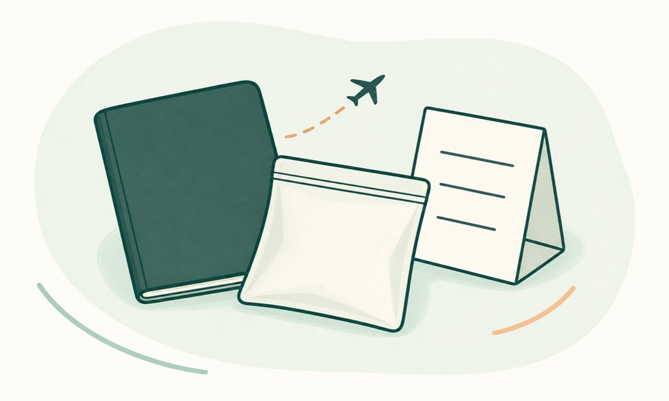 A closed passport-shaped booklet, a plain medication pouch, and a folded travel checklist sit beside a small airplane silhouette.
