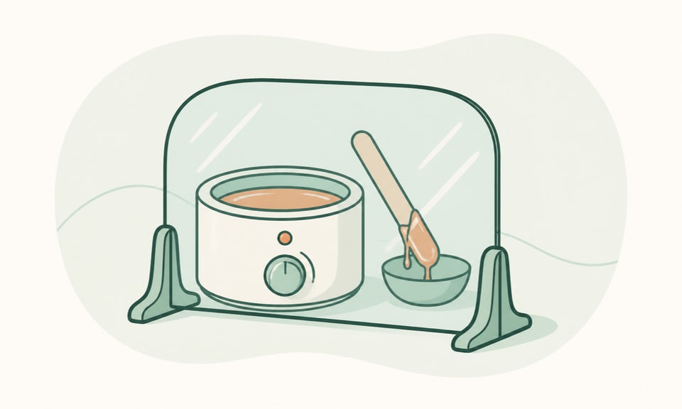 A wax pot and wooden applicator sit behind a protective shield to convey a waxing precaution without showing skin injury.