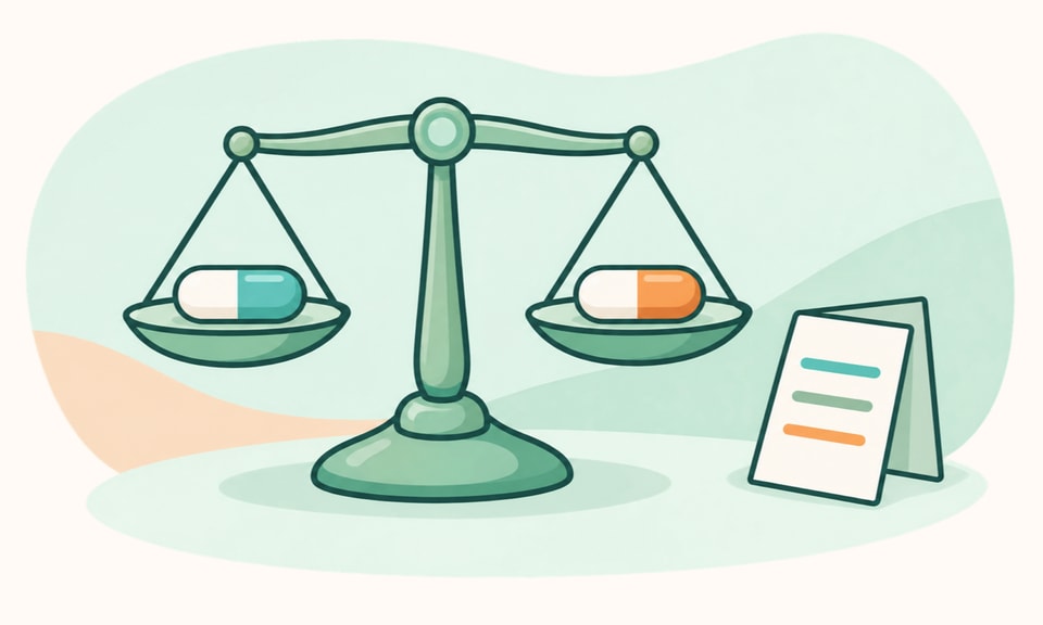 A balanced scale with one plain unmarked capsule on each side sits beside a folded prescription-information leaflet.