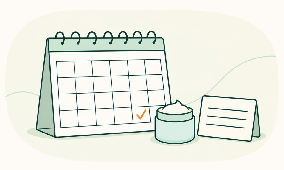 A completed treatment calendar with a simple check mark sits beside a gentle moisturizer jar and a follow-up appointment card.