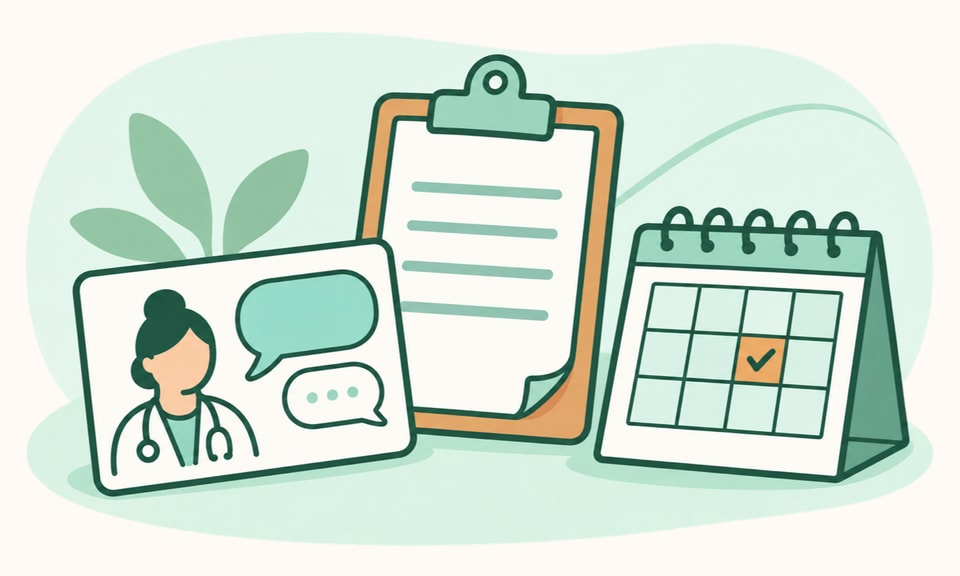 A clinician conversation card sits beside a treatment-history clipboard and an appointment calendar, with no medication being taken.