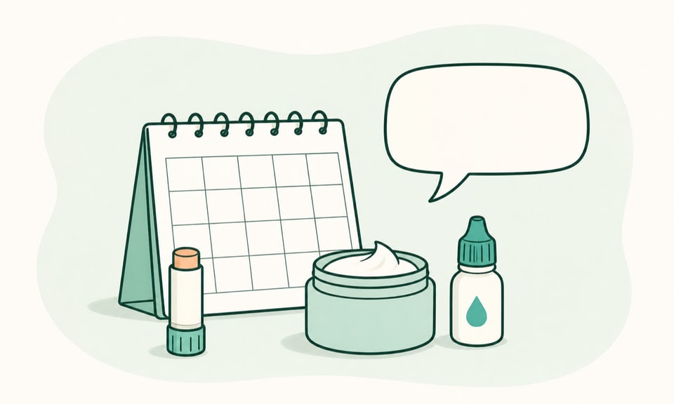 Calendar beside lip balm, moisturizer, eye drops, and a message bubble.