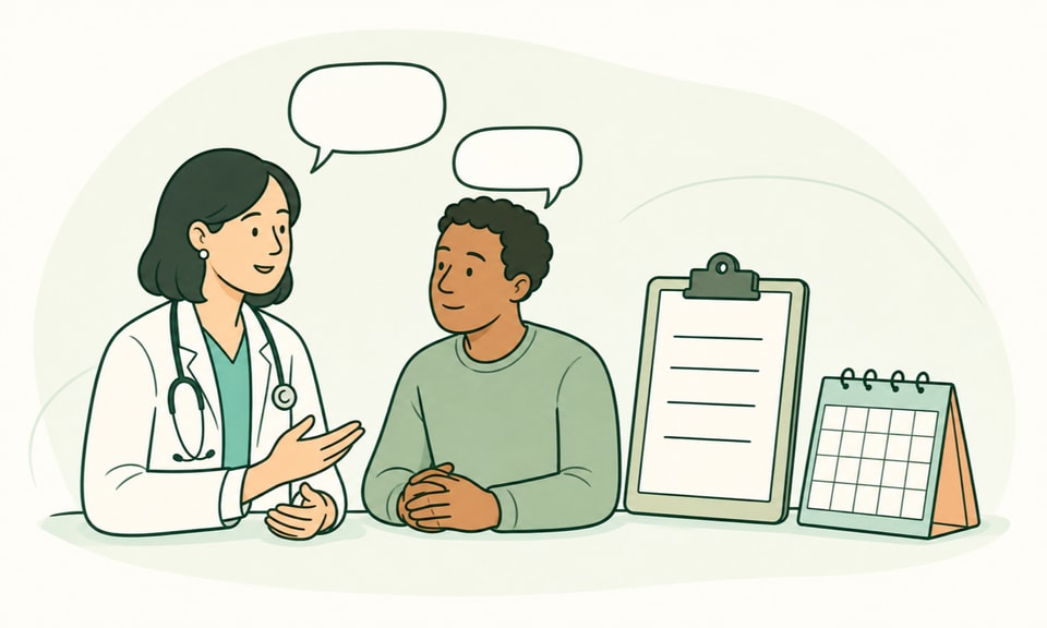 A two-person dermatologist conversation beside a treatment-history clipboard and appointment calendar, without before-and-after imagery.