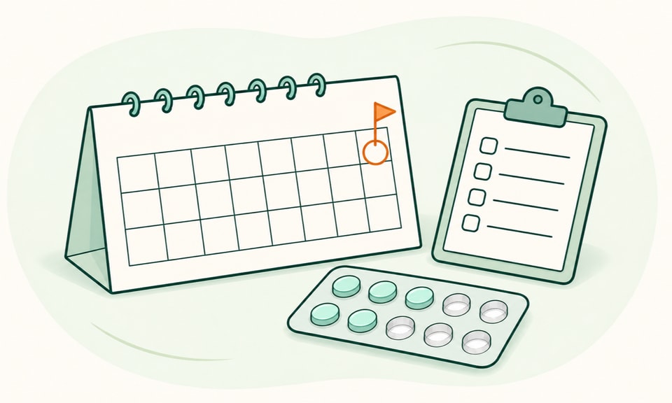 A course calendar reaches a review checkpoint beside a clinician checklist and a partially used blister card, without showing a dose or outcome.