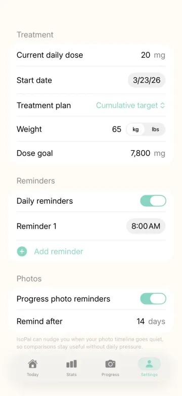 IsoPal settings showing daily dose reminders and progress photo reminders